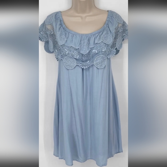 Dina Be Aina B Powder Blue Lightweight Mini Beach Dress Size M Crochet Overlay - Picture 1 of 15